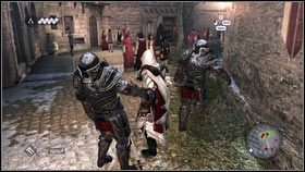 Na początku udaj się do zaznaczonej na zielono strefy, gdzie zobaczysz dwóch ciężko zbrojnych rycerzy patrolujących pobliski teren [1] - Odzyskana sekwencja - Zaginięcie Leonarda (4) | DLC Assassins Creed Brotherhood - Assassins Creed: Brotherhood - poradnik do gry