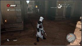 Twój cel będziesz się przemieszczał po ścieżce równoległej do nich, więc idź w tym samym kierunku [1], co jakiś czas zerkając w lewo [2], żeby zresetować licznik czasu - Odzyskana sekwencja - Zaginięcie Leonarda (3) | DLC Assassins Creed Brotherhood - Assassins Creed: Brotherhood - poradnik do gry