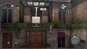 Gdy znajdziesz się na kolejnym balkonie [1], wejdź po drzwiach na górę [2] i zeskocz w stóg siana - Odzyskana sekwencja - Zaginięcie Leonarda (2) | DLC Assassins Creed Brotherhood - Assassins Creed: Brotherhood - poradnik do gry