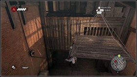 W kolejnym pomieszczeniu wdrap się na ścianę z lewej [1], a następnie przeskocz z niej na drewnianą platformę [2] - Odzyskana sekwencja - Zaginięcie Leonarda (2) | DLC Assassins Creed Brotherhood - Assassins Creed: Brotherhood - poradnik do gry