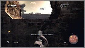 Przeskocz z nich na drewniany drążek, a następnie skacz wzdłuż ściany [1], aż do sporej dziury [2] - Maszyny Leonarda (2) | Zadania poboczne Assassins Creed Brotherhood - Assassins Creed: Brotherhood - poradnik do gry