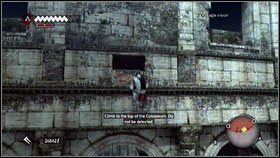 Po dotarciu do zaznaczonego na mapie miejsca, wejdź na wyższy poziom, korzystając z filarów [1], drewnianych rusztowań oraz dziur w ścianach [2] - Sekwencja 7 - Klucz do Castello (2) | Opis przejścia AC Brotherhood - Assassins Creed: Brotherhood - poradnik do gry