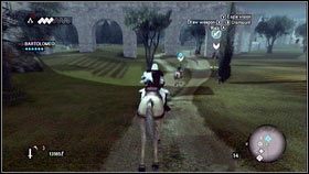 Gdy twierdza będzie bezpieczna, obejrzyj cut-scenkę [1], a następnie wskocz na konia i udaj się w pogoń za Bartolomeo [2] - Sekwencja 6 - Baron De Valois (1) | Opis przejścia w AC Brotherhood - Assassins Creed: Brotherhood - poradnik do gry