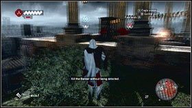 Po obejrzeniu filmiku, zabij stojącego niedaleko strażnika [1] i przeskocz przez murek po lewej [2] - Sekwencja 5 - Bankier (2) | Opis przejścia w Assassins Creed Brotherhood - Assassins Creed: Brotherhood - poradnik do gry