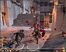 Radziłbym się teraz szybko wycofać, a to dlatego, że przeciwnicy po chwili zorientują się, że byli podsłuchiwani i przystąpią do ataku - Potajemne spotkanie; Księga Ucznia | Questy poboczne - Akt 1 - Dragon Age II - poradnik do gry