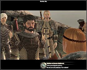 Po zakończonych walkach kliknij oczywiście na ogniu sygnalizacyjnym #1 (M28, 18) Tym razem będziesz mógł wziąć udział w scence z rozmowy, wybierając jedną z trzech opcji dialogowych #2 - Daleka droga (2) | Questy towarzyszy - Akt 2 | Solucja Dragon Age II - Dragon Age II - poradnik do gry