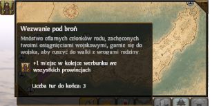 W przy lewym górnym rogu minimapy znajdziemy aktualne czasowe współczynniki pod wpływem jakich znajduje się obecnie nasza frakcja - Interface w Total War SHOGUN 2 | Zarządzanie rodem - Total War: SHOGUN 2 - poradnik do gry