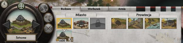 Po kliknięciu LPM na dowolną strukturę w naszej prowincji w lewym dolnym rogu rozwinie się jej panel - Interface w Total War SHOGUN 2 | Zarządzanie rodem - Total War: SHOGUN 2 - poradnik do gry