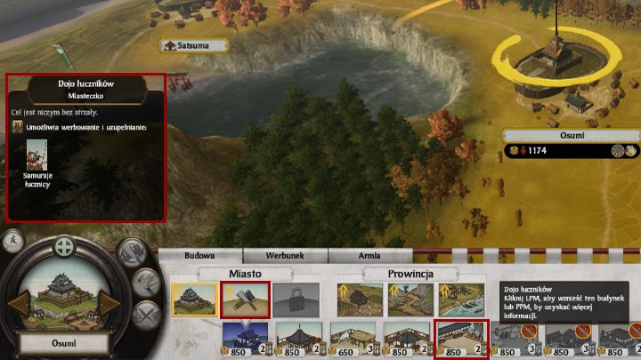 By wznieść budynki należy zaznaczyć jedną z naszych prowincji LPM i wskazać w panelu w lewym dolnym rogu na budynek, który chcemy rozwinąć lub na pustą parcelę - Rozbudowa prowincji w Total War SHOGUN 2 | Zarządzanie rodem - Total War: SHOGUN 2 - poradnik do gry