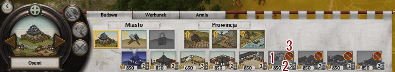 Przy budynkach, które możemy wnieść podana jest informacja odnośnie potrzebnych funduszy (1) oraz ile tur potrwa budowa (2) - Rozbudowa prowincji w Total War SHOGUN 2 | Zarządzanie rodem - Total War: SHOGUN 2 - poradnik do gry