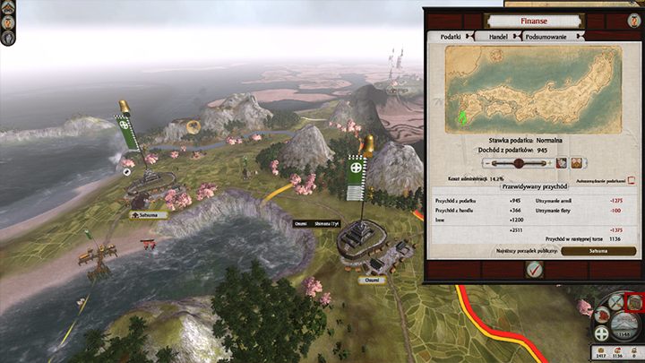 Aby otworzyć okno finansów należy kliknąć LPM odpowiednią ikonę w prawym dolnym rogu lub też zrobić to za pomocą klawisza N - Finanse i handel w Total War SHOGUN 2 | Zarządzanie rodem - Total War: SHOGUN 2 - poradnik do gry