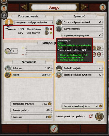 W karcie prowincji (dwukrotne kliknięcie LPP na stolicę) możemy podejrzeć jaki procent ludności jaką religię wyznaje - Religia w Total War SHOGUN 2 | Zarządzanie rodem - Total War: SHOGUN 2 - poradnik do gry