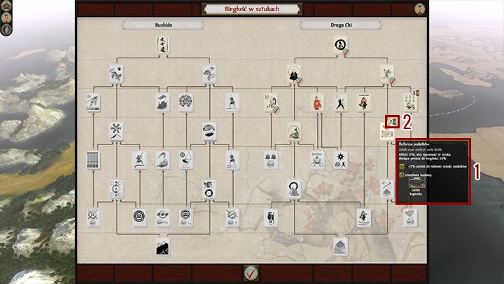 W otwartym panelu ujrzymy dwa drzewka, ścieżkę Bushido (technologie wojskowe) oraz drogę Chi (technologie cywilne) - Drzewko technologii w Total War SHOGUN 2 | Zarządzanie rodem - Total War: SHOGUN 2 - poradnik do gry
