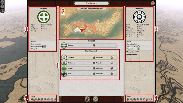 Ukaże nam się lista poznanych klanów (1), zaś nad nią umieszczona jest mapa (2) określająca nastawienie innych klanów do tego wybranego z listy - Dyplomacja w Total War SHOGUN 2 | Polityka i wojsko - Total War: SHOGUN 2 - poradnik do gry