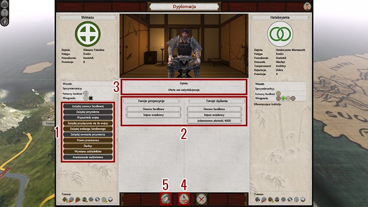 W oknie negocjacji po lewej stronie mamy listę opcji jakie możemy wykorzystać w trakcie rozmów (1) - Dyplomacja w Total War SHOGUN 2 | Polityka i wojsko - Total War: SHOGUN 2 - poradnik do gry