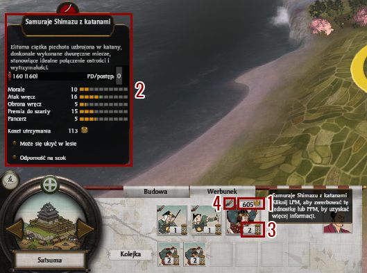 Gdy najedziemy na interesującą nas jednostkę na jej karcie pojawi się koszt werbunku (1) - Armie lądowe w Total War SHOGUN 2 | Polityka i wojsko - Total War: SHOGUN 2 - poradnik do gry