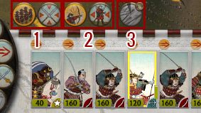 Po zaznaczeniu jednostki nad kartami pojawią się przyciski luźnej formacji oraz trybu obronnego (1), a w przypadku strzelców przełącznik swobodnego ostrzału i trybu potyczki (2) - Interface bitew w Total War SHOGUN 2 | Bitwy - Total War: SHOGUN 2 - poradnik do gry