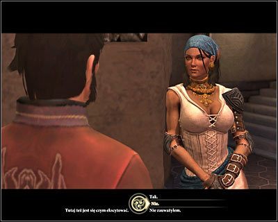 2) Wybranie dostatecznej ilości opcji dialogowych związanych z flirtowaniem powinno zaowocować tym, że po awansowaniu do II aktu kampanii i wybraniu się nocną porą do posiadłości Hawkeów upatrzona osoba zjawi się w posiadłości bohatera (powyższy screen) - Romanse (1) w Dragon Age II | Drużyna - Dragon Age II - poradnik do gry