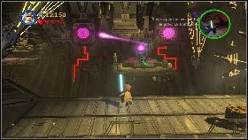 Następnie przejdź na prawo i ponownie użyj pojemnika, aby uderzyć w zasłonę torpedowni [1], po czym znów użyj dwóch torped, aby zniszczyć dwa fioletowe cele [2] - Generał Grievous (4) | Tryb fabularny | LEGO Star Wars III The Clone Wars - LEGO Star Wars III: The Clone Wars - poradnik do gry