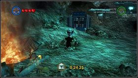 Gdy wylądujesz na miejscu, zmień postać na Jango Feta lub Cad Banea i przeleć nad przepaścią po lewej (przed ogniem) [1] - Misje łowców nagród (1) | Etapy specjalne | LEGO Star Wars III The Clone Wars - LEGO Star Wars III: The Clone Wars - poradnik do gry