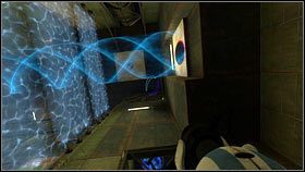 W tym czasie jego towarzysz musi stworzyć pomarańczowy portal na końcu niebieskiego strumienia z prawej [1] - Rozdział 5 - Żele mobilności (4) | Tryb współpracy Portal 2 - Portal 2 - poradnik do gry