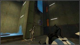 Po rozpoczęciu etapu chudszy robot musi postawić pomarańczowy portal na suficie po lewej [1], a czerwony na podeście pod rurą z żelem [2] - Rozdział 5 - Żele mobilności (2) | Tryb współpracy Portal 2 - Portal 2 - poradnik do gry