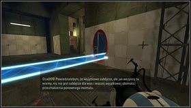 Po rozpoczęciu etapu niech chudy robot stworzy pomarańczowy portal na końcu mostu [1], a czerwony na przeciwko napisu EXIT, namalowanego po drugiej stornie przepaści [2] - Rozdział 5 - Żele mobilności (1) | Tryb współpracy Portal 2 - Portal 2 - poradnik do gry