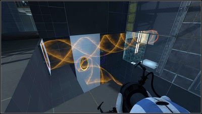 Pierwsze co musi zrobić chudszy robot, to postawić pomarańczowy portal na końcu niebieskiego strumienia, a czerwony na lewo od poprzedniego - Rozdział 4 - Świetlna bariera (3) | Tryb współpracy Portal 2 - Portal 2 - poradnik do gry