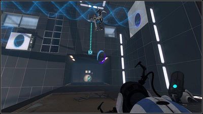 Na początku gruby robot musi stworzyć błękitny portal na końcu niebieskiego strumienia oraz granatowy na górze po prawej - Rozdział 4 - Świetlna bariera (2) | Tryb współpracy Portal 2 - Portal 2 - poradnik do gry