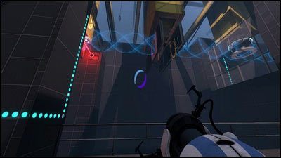 Chudy robot może teraz wrócić na początek etapu i postawić dwa portale na platformach blokujących przedmiot - Rozdział 4 - Świetlna bariera (1) | Tryb współpracy Portal 2 - Portal 2 - poradnik do gry