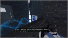 Po rozpoczęciu etapu niech gruby robot postawi błękitny portal nad niebieskim strumieniem [1], a granatowy na ścianie na prawo od wejścia [2] - Rozdział 4 - Świetlna bariera (1) | Tryb współpracy Portal 2 - Portal 2 - poradnik do gry