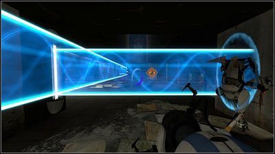 Po rozpoczęciu etapu niech pomarańczowy robot stworzy jedną dziurę na końcu błękitnej ściany, a drugą na lewo od wejścia - Rozdział 3 - Świetlna bariera (3) | Tryb współpracy Portal 2 - Portal 2 - poradnik do gry