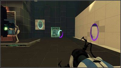 Po wejściu do pomieszczenia niech niebieski robot postawi jeden portal na szachownicy po prawej, a drugi na szachownicy z lewej - Rozdział 2 - Masa i prędkość (3) | Tryb współpracy Portal 2 - Portal 2 - poradnik do gry