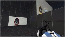 Musisz przekazać go pomarańczowemu kompanowi [1], który powinien wejść po schodach za barierę i obejść ścianę z prawej - Rozdział 2 - Masa i prędkość (1) | Tryb współpracy Portal 2 - Portal 2 - poradnik do gry