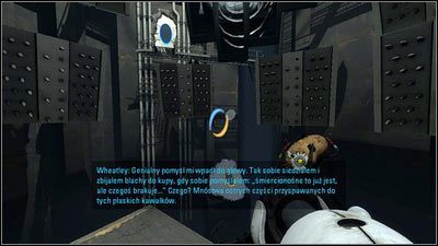 Gdy Wheatley będzie gadał, stwórz niebieski portal na białej ścianie po lewej [1], a pomarańczowy w miejscu wycieku białego żelu [2] - Rozdział 9 - Teraz musi Cię zabić (1) | Opis przejścia Portal 2 - Portal 2 - poradnik do gry