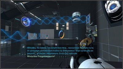 Na początku testu stwórz niebieski portal na końcu błękitnego promienia, a pomarańczową dziurę w miejscu, w które trafia laser wieżyczki - Rozdział 8 - Swędzenie (2) | Opis przejścia Portal 2 - Portal 2 - poradnik do gry