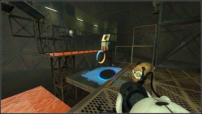 Gdy podłoga stanie się pomarańczowa, zrób podobną operację z niebieskim żelem, tylko tym razem drugi portal umieść nieco wyżej - Rozdział 7 - Ponowne spotkanie (2) | Opis przejścia Portal 2 - Portal 2 - poradnik do gry