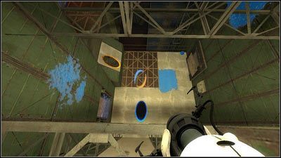 Żeby dostać się jeszcze wyżej, wystrzel jeden otwór na biały podest z lewej - Rozdział 6 - Upadek (4) | Opis przejścia Portal 2 - Portal 2 - poradnik do gry