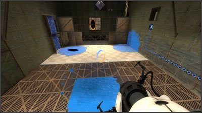 W kolejnym pomieszczeniu postaw niebieski portal w miejscu ściekania niebieskiego żelu, a pomarańczowy na podeście po lewej - Rozdział 6 - Upadek (4) | Opis przejścia Portal 2 - Portal 2 - poradnik do gry