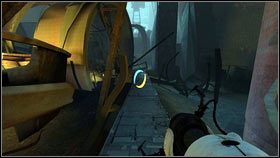 Po przejściu na drugą stronę, zeskocz z zerwanego chodnika [1] i idź cały czas po betonowym podeście [2] - Rozdział 6 - Upadek (1) | Opis przejścia Portal 2 - Portal 2 - poradnik do gry