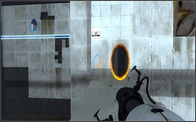 Wewnątrz pomieszczenia postaw niebieski portal nad mostem po lewej, a pomarańczowy na ścianie przez tobą [2] - Rozdział 3 - Powrót (2) | Opis przejścia Portal 2 - Portal 2 - poradnik do gry