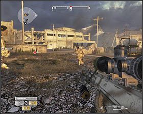 Żołnierzy ukrywających się we wspomnianym wyżej budynku najlepiej jest atakować z odległości i podobnie jak wcześniej bardzo istotne jest szybkie namierzanie osobników z wyrzutniami rakiet #1 - Misja 10 - End of the Beginning (3) - Opis przejścia gry - Operation Flashpoint: Red River - poradnik do gry