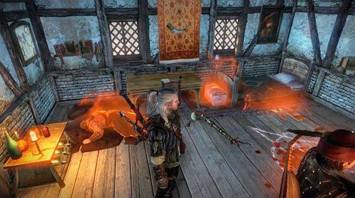 Wybiegnij z karczmy i wejdź po schodach na górną jej część - drzwi po lewej prowadzą do pokoju Sheali - Gdzie jest Triss Merigold? | Akt 1 - zadania główne w Wiedźmin 2 Zabójcy Królów - Wiedźmin 2: Zabójcy Królów - poradnik do gry