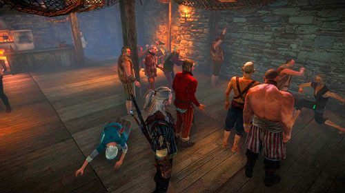 Nie sposób przegapić oraz nie usłyszeć walczących chłopów w dolnej części karczmy (ogromne zgromadzenie również mówi samo za siebie) - Jeden na jednego- Flotsam | Akt 1 - zadania poboczne w Wiedźmin 2 Zabójcy Królów - Wiedźmin 2: Zabójcy Królów - poradnik do gry