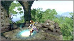 Podążając za tym dziwnym znakiem [1], dojdziesz na szczyt wzgórza, gdzie zostanie aktywowany teleport [2] - Złote Klucze | Złote drzwi i klucze Fable 3 - Fable III - poradnik do gry