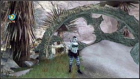 Po jej zabraniu wróć na schody, a następnie przejdź na drugą stronę kamiennego mostu [1] - Ruchome Piaski | Kwiaty z Aurory w Fable 3 - Fable III - poradnik do gry