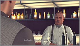 Po dotarciu na miejsce wejdź do środka #1 i porozmawiaj z barmanem, a dowiesz się, że Frank Morgan siedzi aktualnie przy stoliku na tyłach baru #2 - Case 5 - The Drivers Seat (3) | Główne śledztwa w LA Noire - L.A. Noire - poradnik do gry