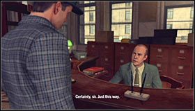 Wyjdź po schodach na pierwsze piętro i zgodnie z informacją zamieszczoną na tabliczce udaj się w lewo - Case 20 - A Polite Invitation (2) | Główne śledztwa w LA Noire - L.A. Noire - poradnik do gry