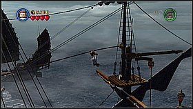 Wspinamy się ponownie na maszt z prawej, [1] ale tym razem zjeżdżamy po linie w dół - Wir - opis przejścia | Na krańcu świata | LEGO Piraci z Karaibów - LEGO Piraci z Karaibów - poradnik do gry