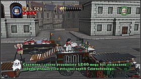 Butelka 5 - Po pierwszym przejechaniu liną na prawą stronę ulicy szukamy szyb, które można rozwalić syreną (idziemy gzymsem w prawą stronę) - Serce Londynu - butelki | Na nieznanych wodach | LEGO Piraci z Karaibów - LEGO Piraci z Karaibów - poradnik do gry